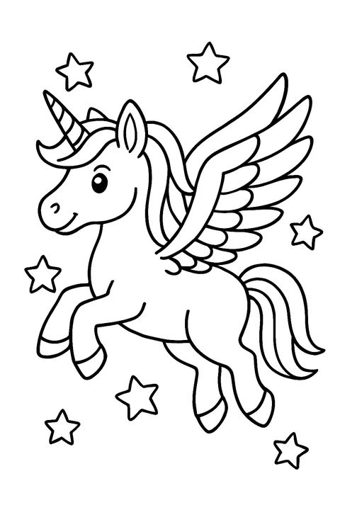 Unicorn with feathered wings flying among stars coloring page