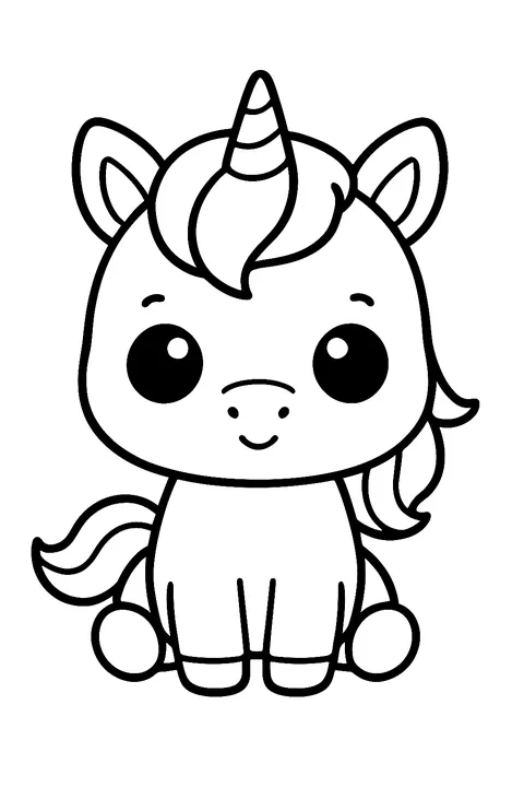 Kawaii chibi unicorn with big eyes and a tiny horn coloring page