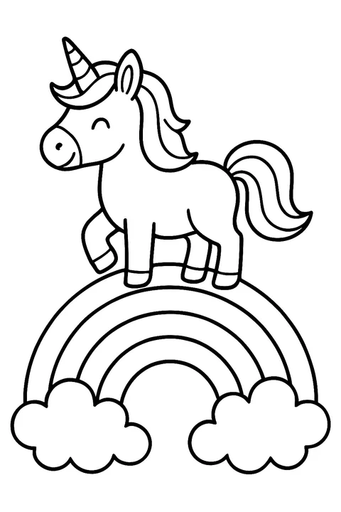 Unicorn standing on a big rainbow with clouds coloring page