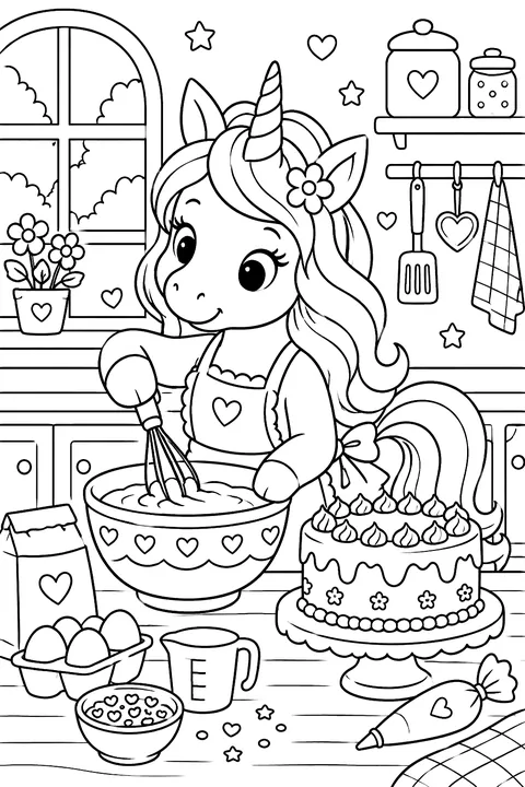 Unicorn baking a cake coloring page