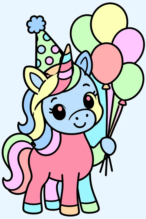 Unicorn with a balloon bouquet at a birthday party coloring page