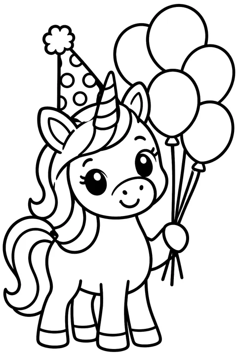 Unicorn with a balloon bouquet at a birthday party coloring page