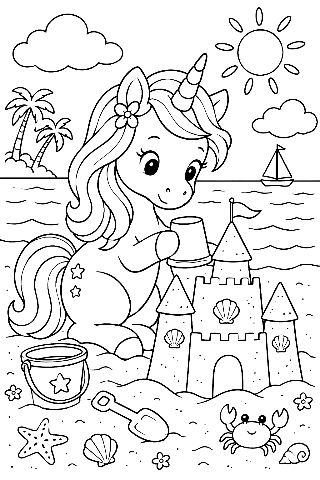 Unicorn at the beach building a sandcastle coloring page
