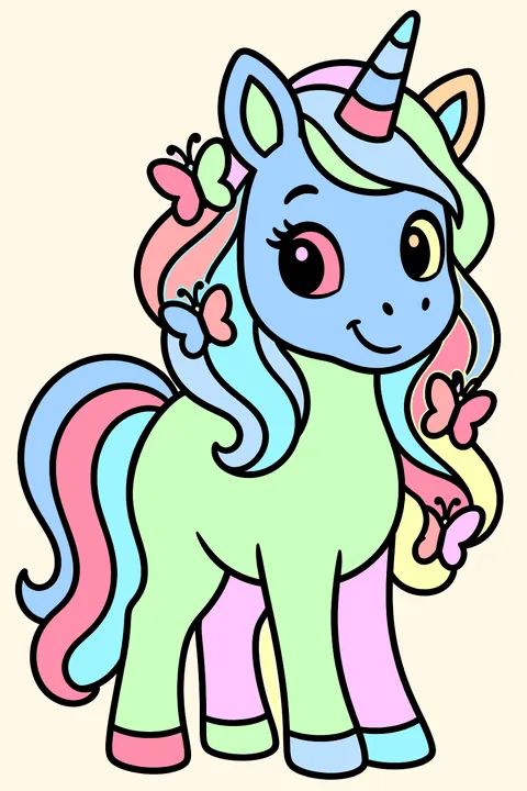 Unicorn with butterflies in its mane coloring page