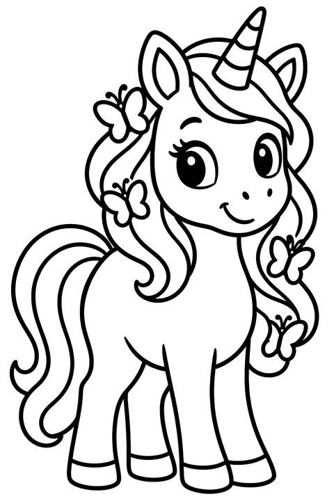 Unicorn with butterflies in its mane coloring page