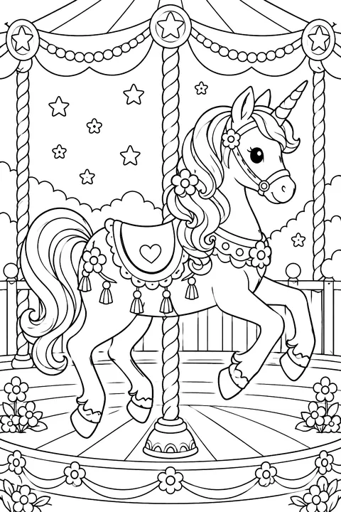 Unicorn carousel horse with poles and decorations coloring page