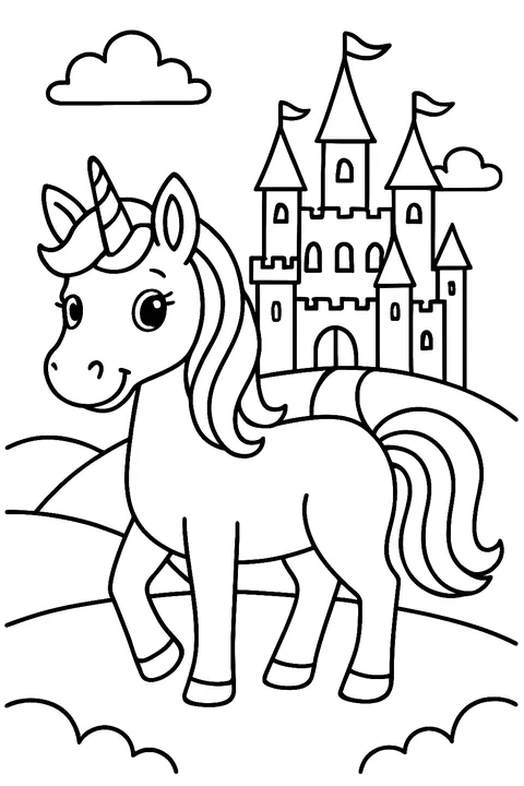 Unicorn standing in front of a fairy tale castle on a hill coloring page