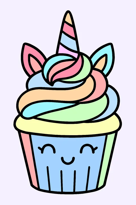 Cupcake decorated as a unicorn with a horn and frosting swirls coloring page