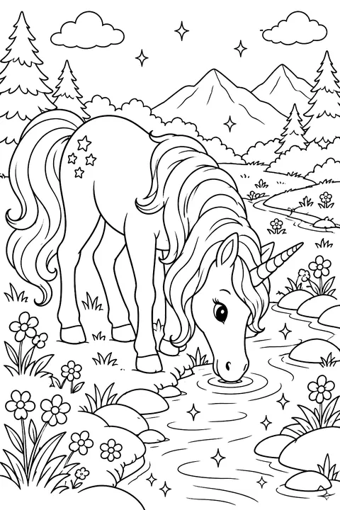 Unicorn drinking from a sparkling stream coloring page