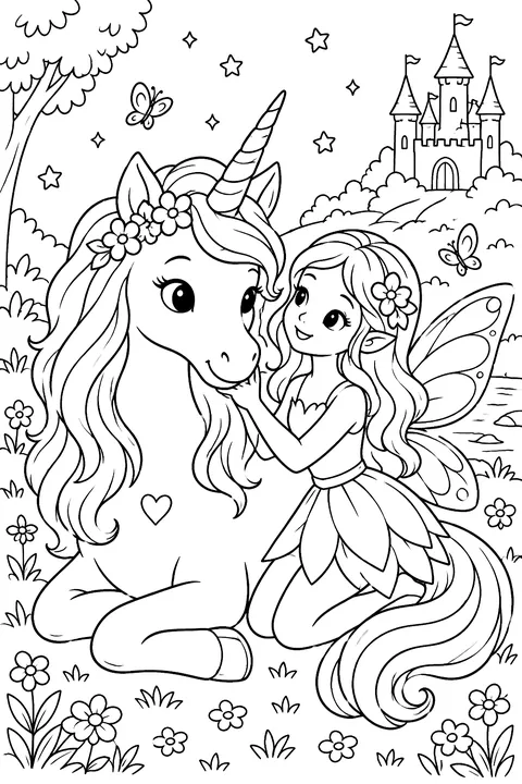 Unicorn and a fairy friend coloring page