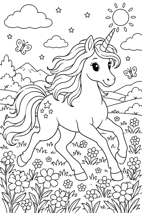 Unicorn galloping through a field of flowers coloring page
