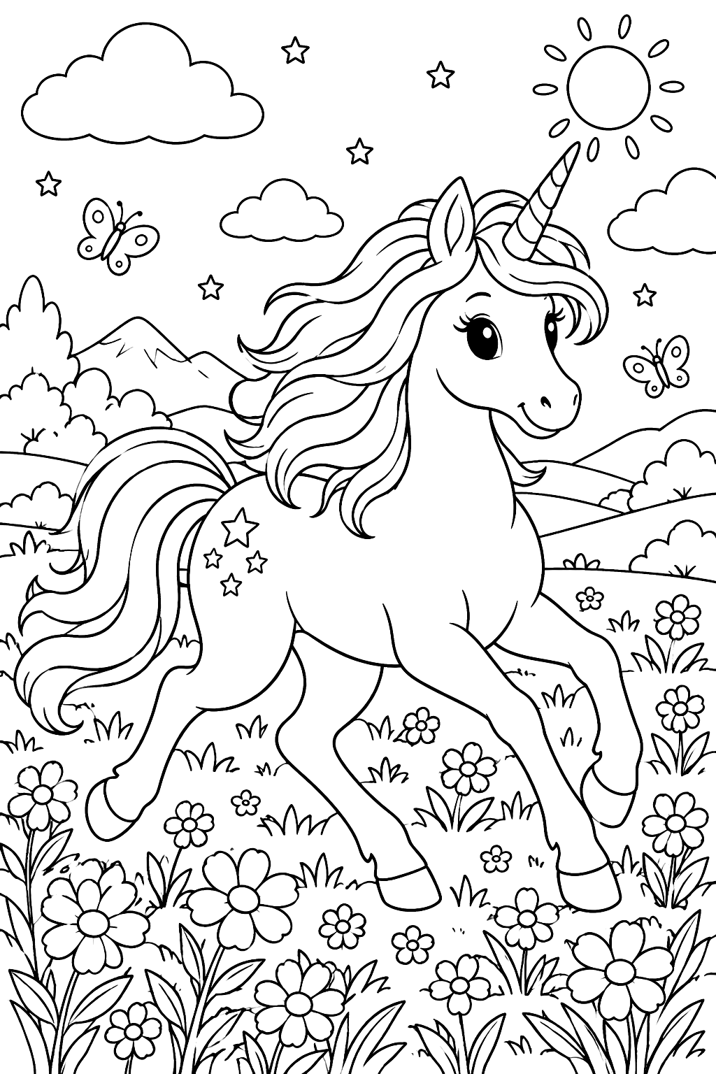 Unicorn galloping through a field of flowers coloring page
