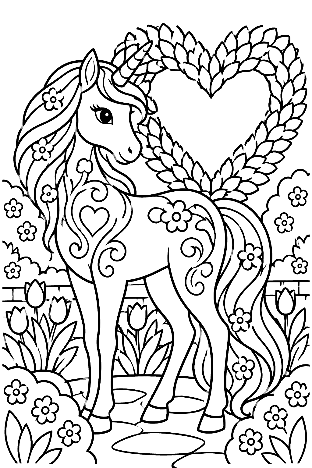 Unicorn in a garden with a heart-shaped hedge coloring page