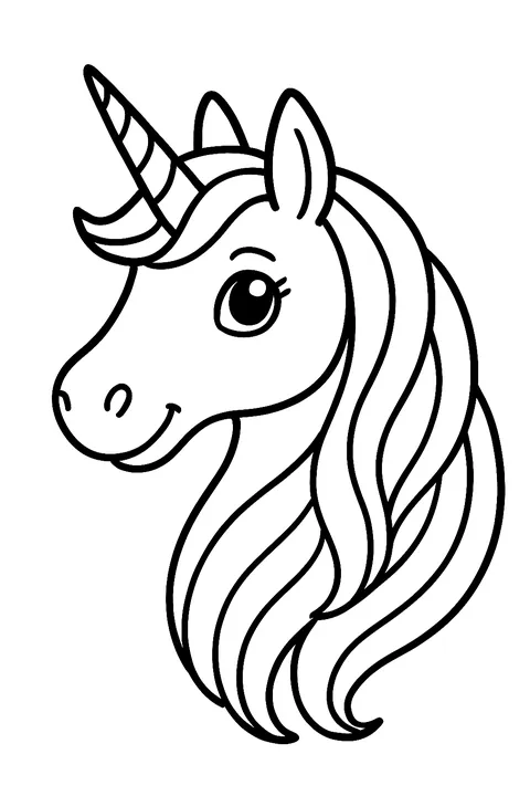 Unicorn head portrait with a spiral horn and long flowing mane coloring page
