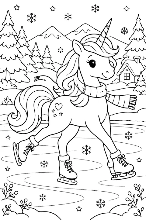 Unicorn ice skating on a frozen pond coloring page