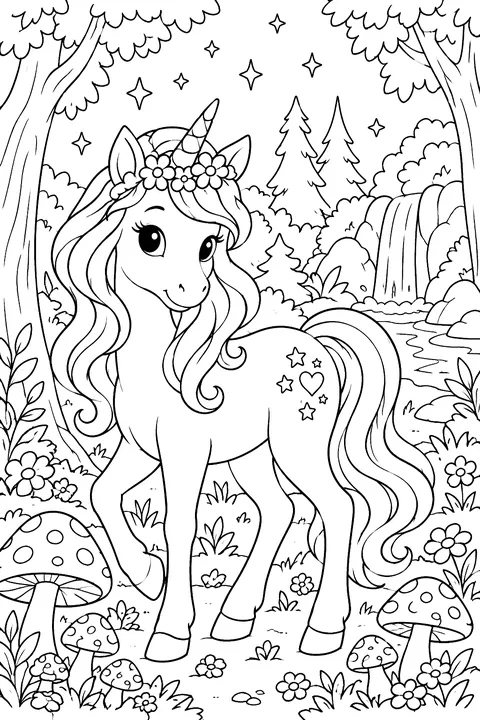 Unicorn in a magical forest with mushrooms coloring page