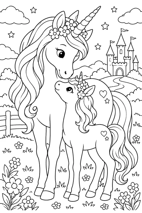 Unicorn mom and foal coloring page