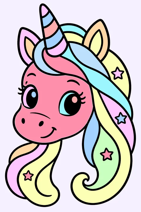 Unicorn portrait with flowing patterned mane coloring page