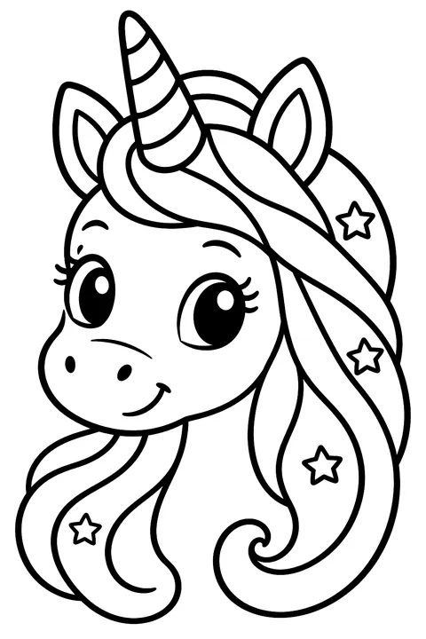 Unicorn portrait with flowing patterned mane coloring page