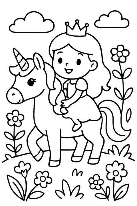 Little princess riding a unicorn in a garden coloring page