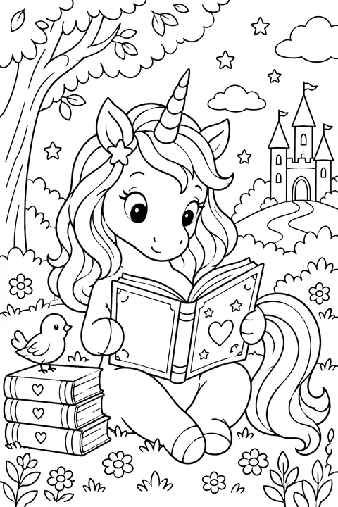 Unicorn reading a book coloring page