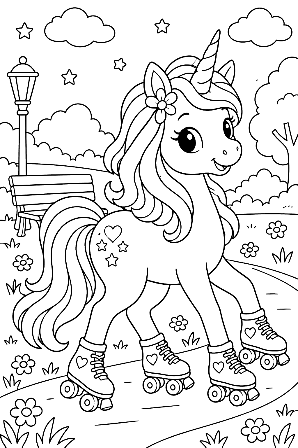 Unicorn on roller skates coloring page