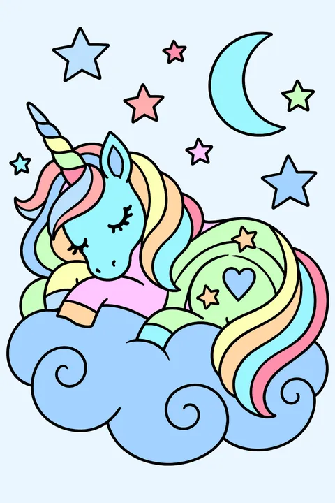 Unicorn sleeping on a cloud under stars coloring page