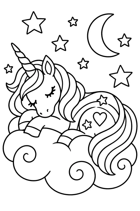 Unicorn sleeping on a cloud under stars coloring page