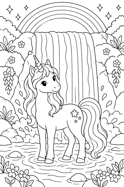 Unicorn under a rainbow waterfall coloring page