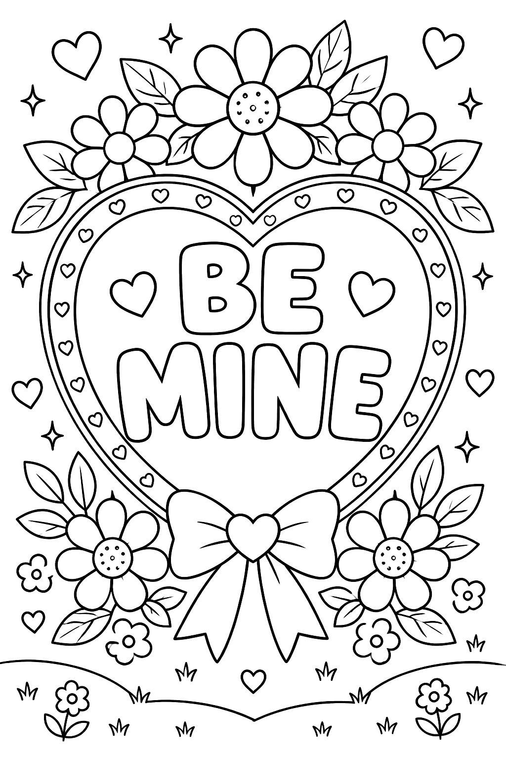big outline letters spelling BE MINE inside a heart frame with flowers around it coloring page