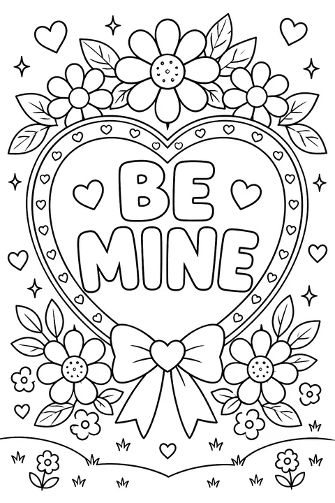 big outline letters spelling BE MINE inside a heart frame with flowers around it coloring page