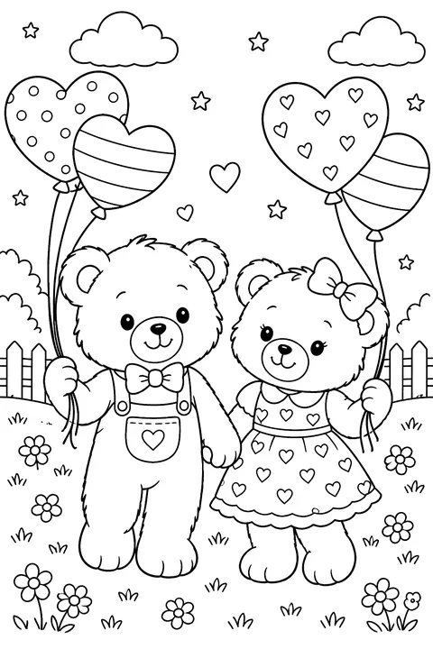 two teddy bears holding heart balloons and holding hands coloring page