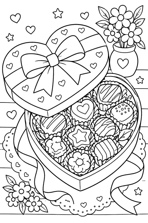a heart-shaped box of chocolates with different shaped candies and a ribbon coloring page