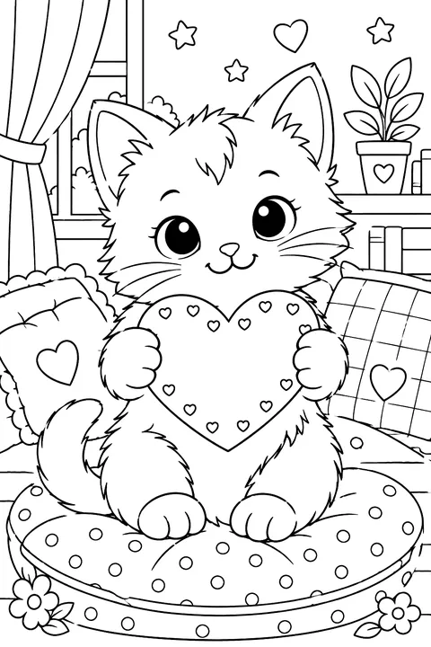 a kitten holding a heart-shaped card on a cozy cushion coloring page