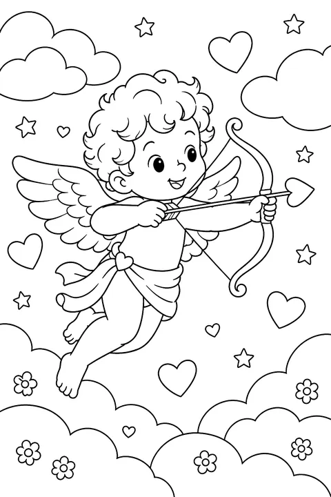 a cute little cupid with wings and a bow shooting a heart arrow among clouds coloring page