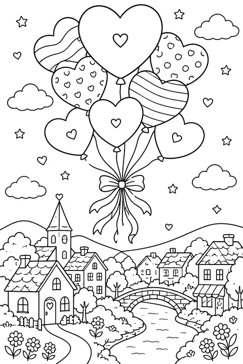 a bunch of heart-shaped balloons tied with ribbons floating over a little town coloring page