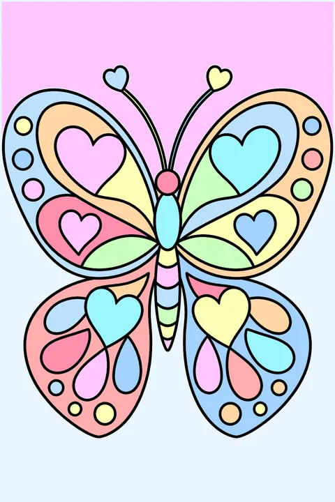 a butterfly with heart-shaped wings full of decorative patterns coloring page