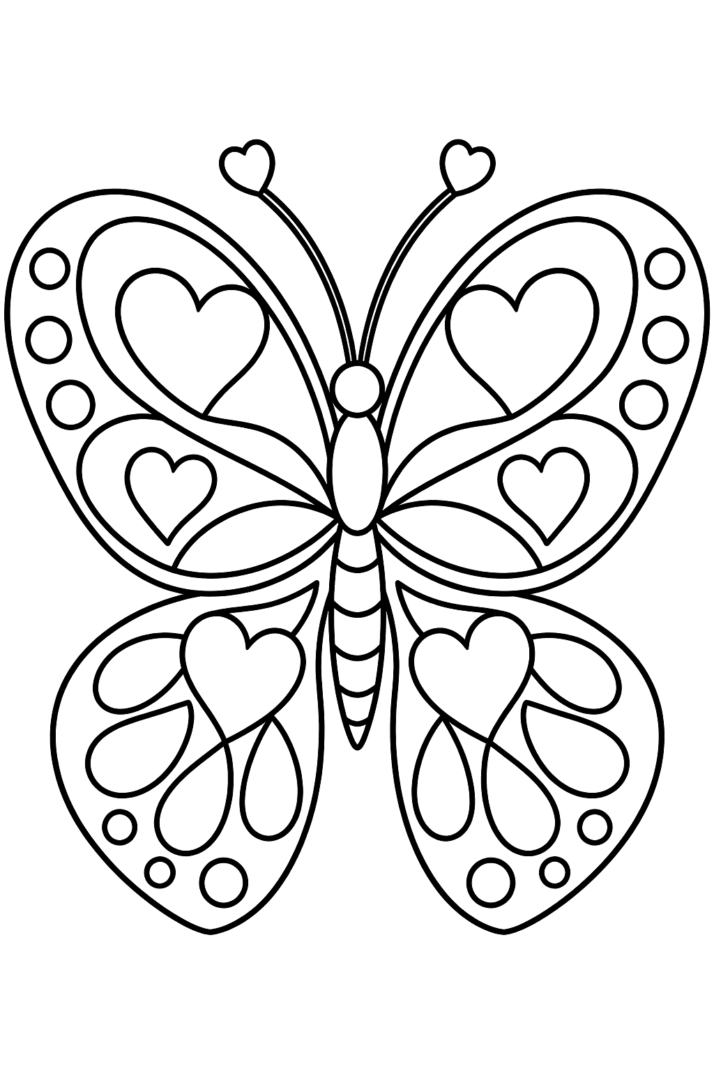 a butterfly with heart-shaped wings full of decorative patterns coloring page
