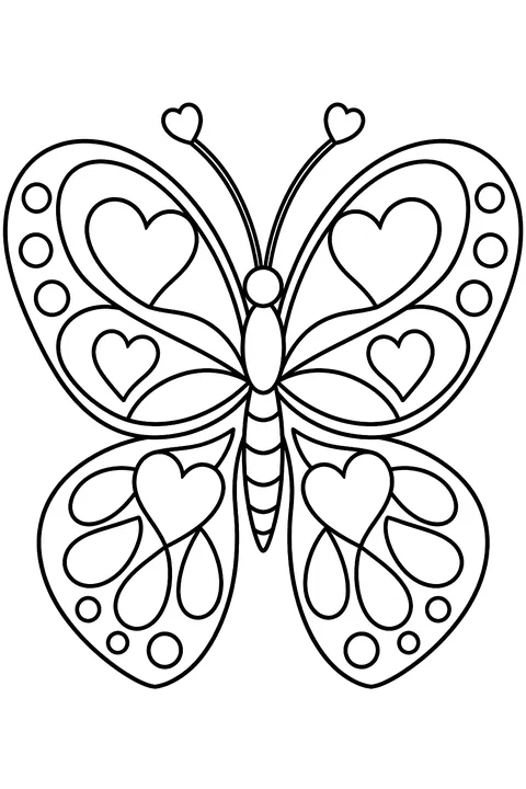 a butterfly with heart-shaped wings full of decorative patterns coloring page