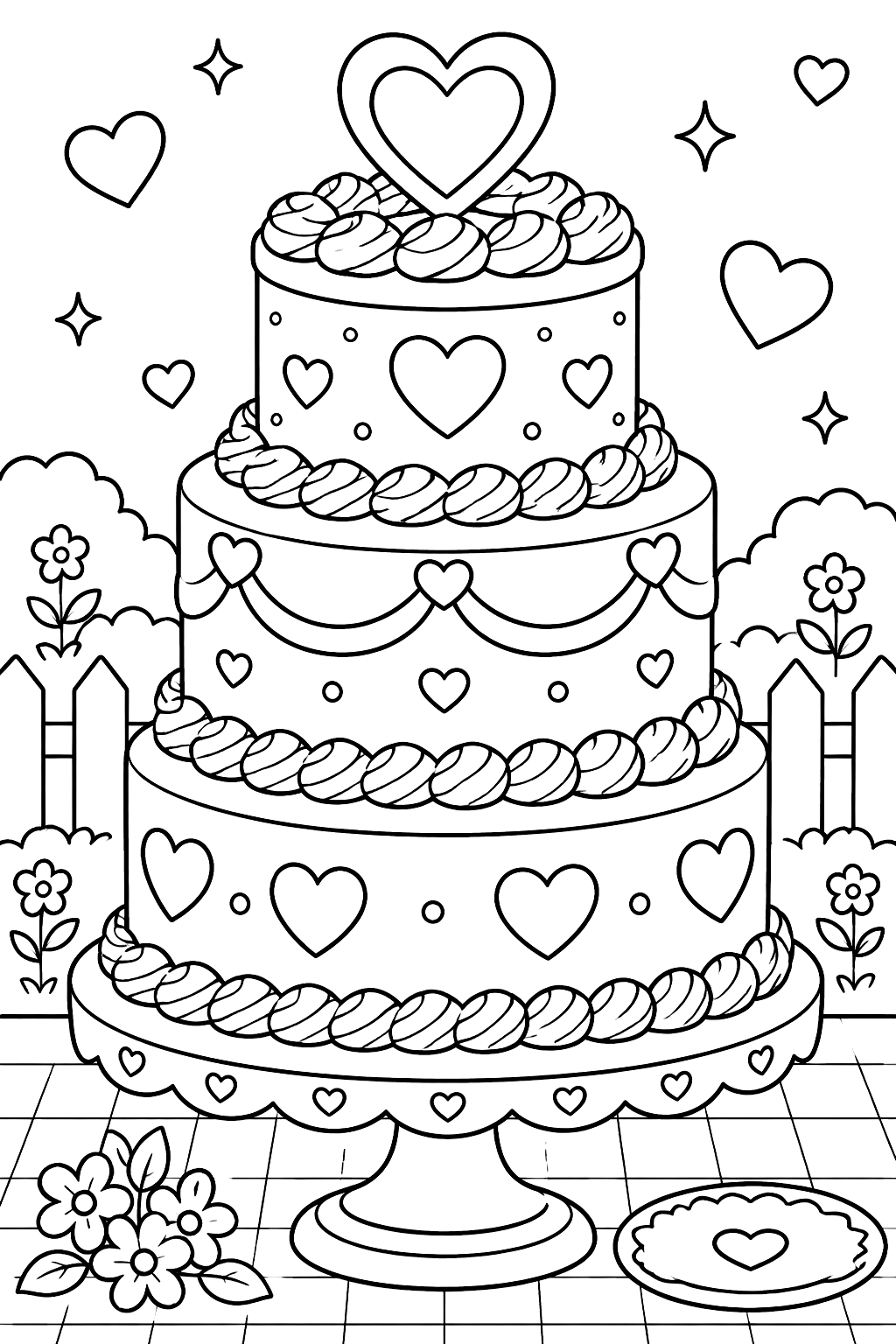 a tiered cake decorated with hearts, frosting swirls and a heart topper coloring page