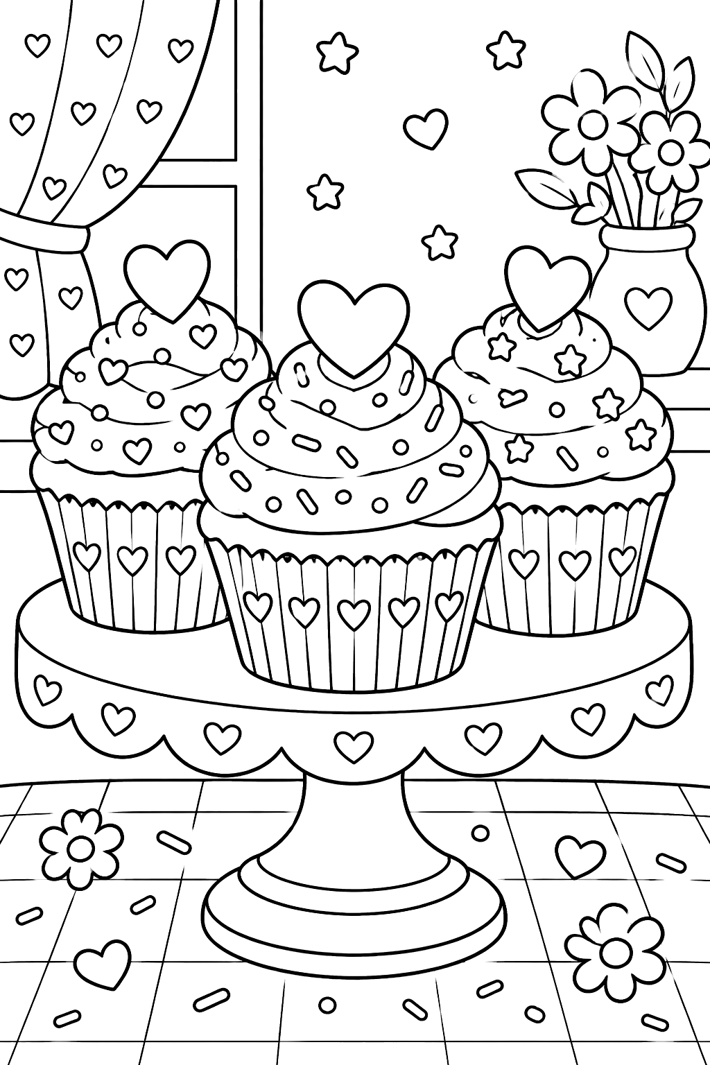 three cupcakes with heart toppings and sprinkles on a stand coloring page