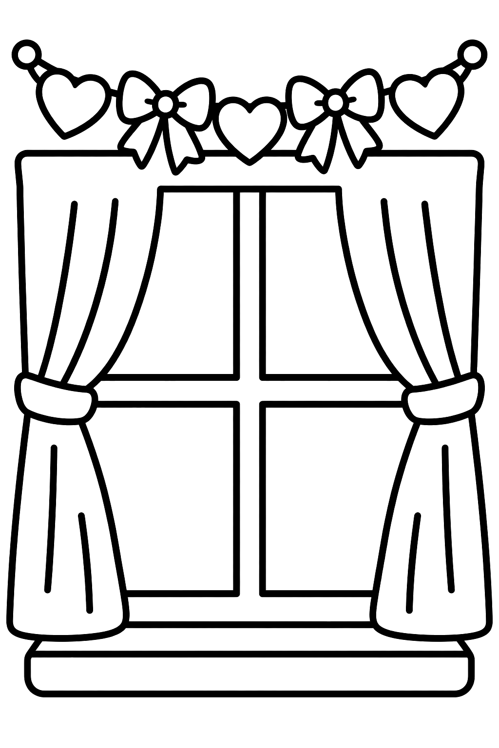 a garland of hearts and bows strung across the page over a window coloring page