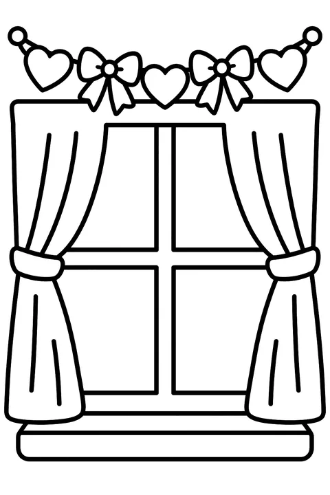 a garland of hearts and bows strung across the page over a window coloring page