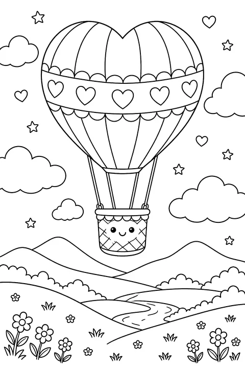 a hot air balloon shaped like a heart floating over hills and clouds coloring page