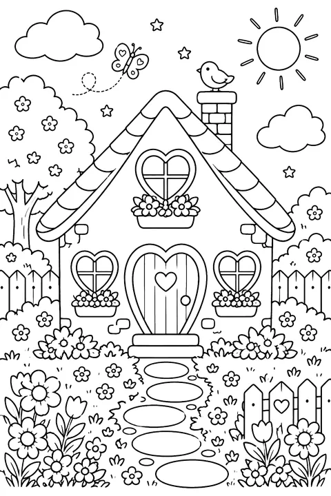 a little cottage with heart-shaped windows and a heart door in a flower garden coloring page