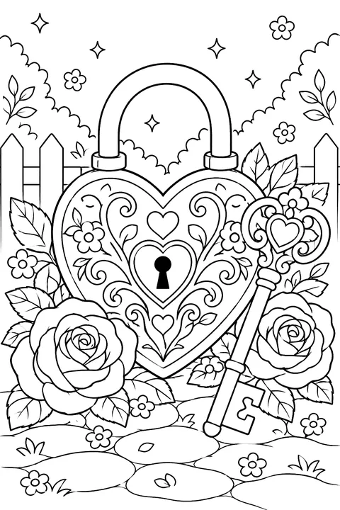 a decorated heart-shaped lock with an ornate key and roses coloring page