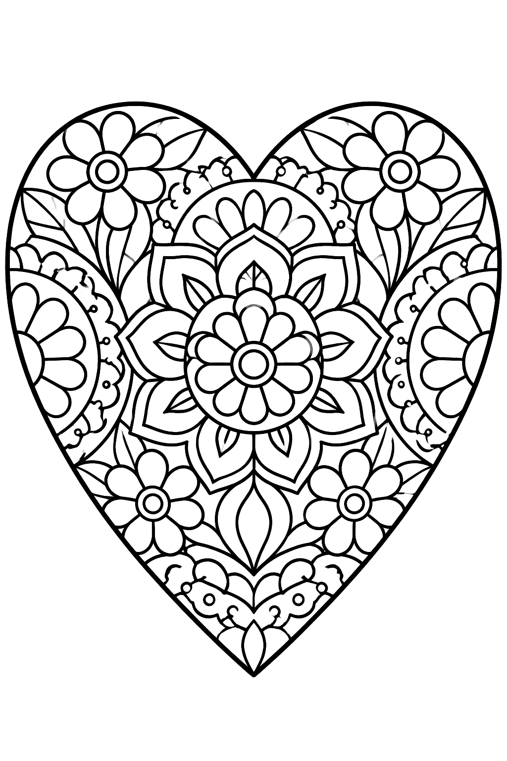 a large heart filled with intricate mandala patterns, flowers and lace coloring page