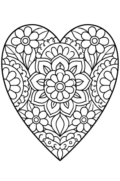 a large heart filled with intricate mandala patterns, flowers and lace coloring page