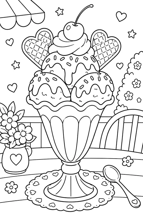 an ice cream sundae in a tall glass with heart wafers and a cherry coloring page