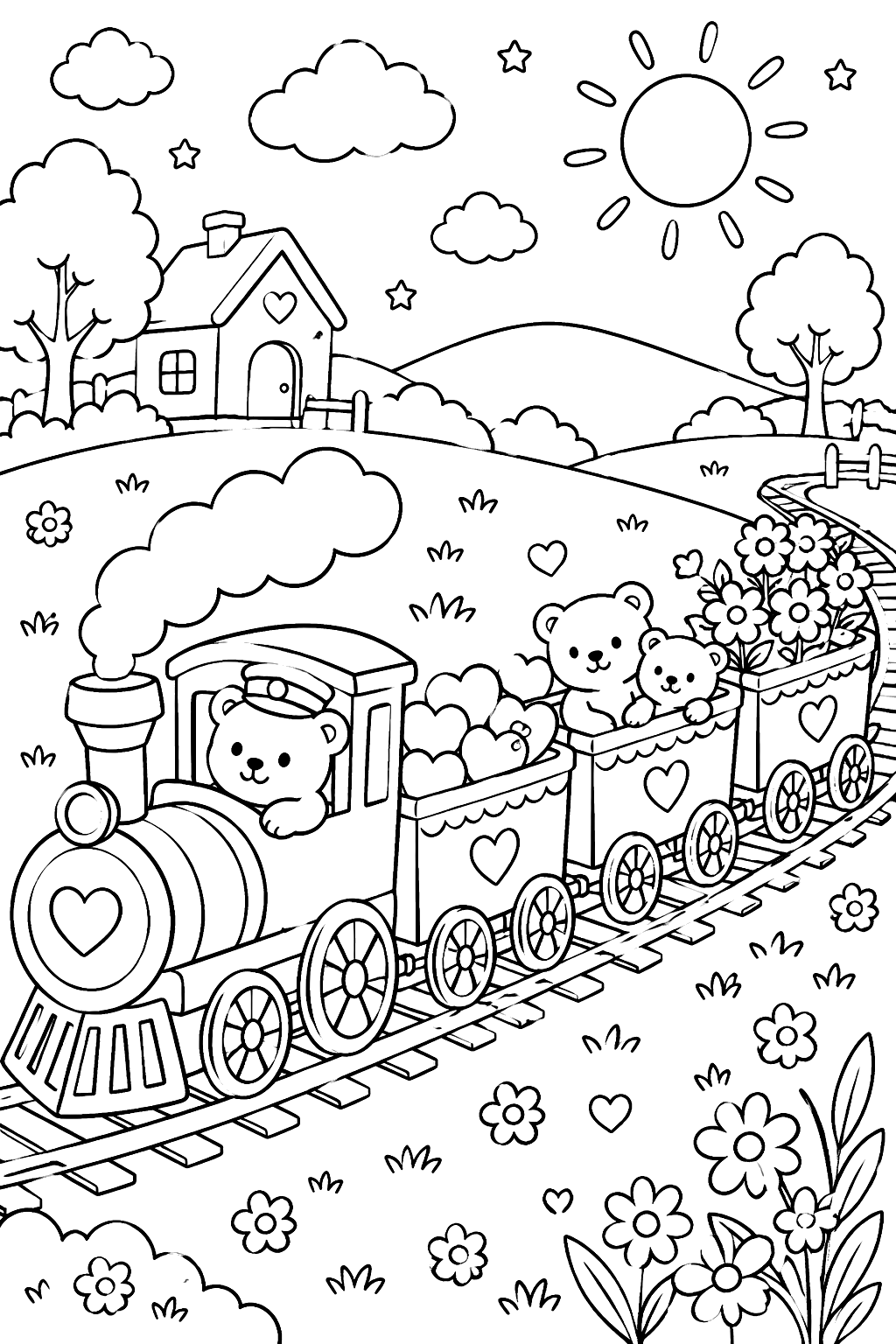 a little train with cars carrying hearts, bears and flowers coloring page